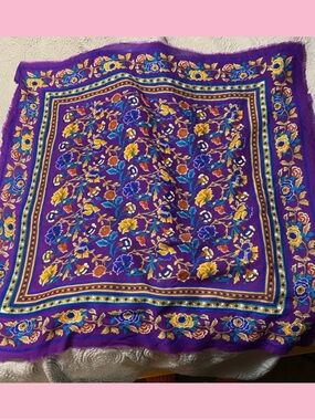 Vibrant Purple Floral Scarf, made in Turkey. 29 x 29.